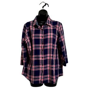 Izod Navy & Pink Plaid 3/4 Sleeve Button Down Blouse Sz L